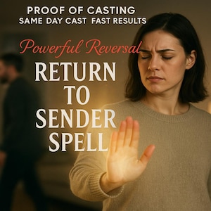 May include: Image shows a woman with a serious expression, holding out her hand with a glowing effect. Text overlay reads "PROOF OF CASTING, SAME DAY CAST, FAST RESULTS" and "Powerful Reversal, RETURN TO SENDER SPELL."