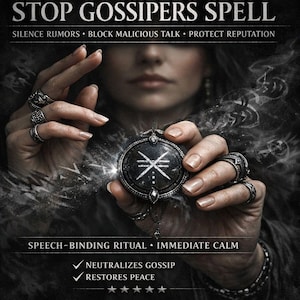 Può includere: Immagine scura di un ciondolo nero con un simbolo bianco, tenuto da una persona. Il testo in alto recita "STOP GOSSIPERS SPELL." Altri testi includono "SILENCE RUMORS," "BLOCK MALICIOUS TALK," e "PROTECT REPUTATION."