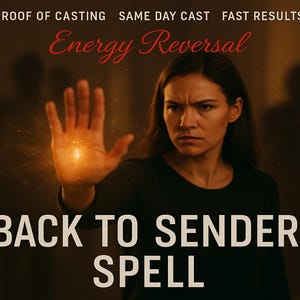 May include: A woman with a stern expression, holding out her hand with a bright light emanating from her palm. The text reads "PROOF OF CASTING", "SAME DAY CAST", "FAST RESULTS", "Energy Reversal", and "BACK TO SENDER SPELL".