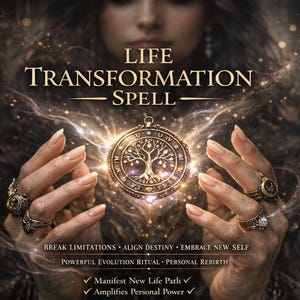 Könnte beinhalten: Ein Bild mit einem goldenen Anhänger mit einem Lebensbaum-Design, gehalten zwischen zwei Händen mit Ringen. Der Text "LIFE TRANSFORMATION SPELL" steht über dem Anhänger, mit zusätzlichem Text darunter, einschließlich "BREAK LIMITATIONS".