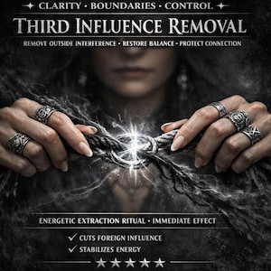 May include: A dark, stylized image with the text "Third Influence Removal." A person's hands, adorned with ornate rings, hold a knotted rope, with a bright light emanating from the center. The image includes text about energetic extraction and stabilizing energy.