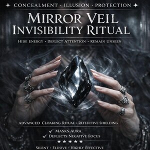 以下が含まれることがあります： 「MIRROR VEIL INVISIBILITY RITUAL」のテキストが入った暗い画像。大きな、暗いクリスタルが、装飾的な銀の指輪をつけた2つの手によって保持されています。画像は、渦巻く煙の効果を持つ、暗く、幻想的な美学を持っています。