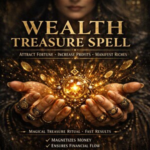 May include: An image with the text "WEALTH TREASURE SPELL" in gold lettering. The image shows a person's hands holding a glowing golden amulet, surrounded by golden coins and sparkles. The text below reads "ATTRACT FORTUNE - INCREASE PROFITS - MANIFEST RICHES".