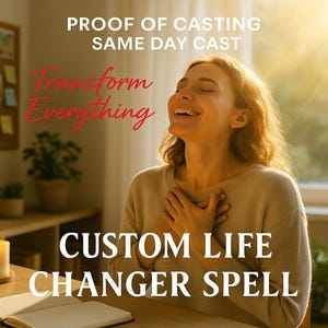 May include: A woman smiles with eyes closed, hands on her chest. Text reads "PROOF OF CASTING SAME DAY CAST", "Transform Everything", and "CUSTOM LIFE CHANGER SPELL". A lit candle and open notebook are in the foreground.