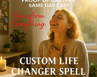 Puede incluir: Una mujer sonríe con los ojos cerrados, las manos en el pecho. El texto incluye "PROOF OF CASTING SAME DAY CAST", "Transform Everything" y "CUSTOM LIFE CHANGER SPELL". Una vela encendida y un cuaderno abierto están en primer plano.