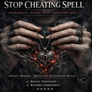 May include: A silver heart-shaped pendant necklace with a keyhole design is held in hands, with the text "STOP CHEATING SPELL" and related phrases. The hands are decorated with several rings. The image has a dark, mystical aesthetic.