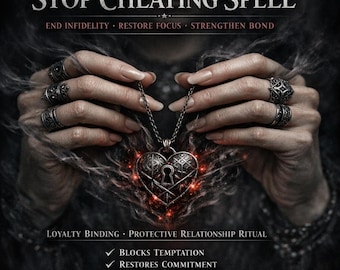 Può includere: Primo piano di mani che tengono una collana con ciondolo a forma di cuore argentato con un design a buco della serratura. L'immagine presenta il testo "STOP CHEATING SPELL" e altre frasi correlate. Le mani sono adornate da diversi anelli.
