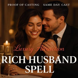 Op de afbeelding: Afbeelding van een lachend stel, met de tekst "PROOF OF CASTING SAME DAY CAST" bovenaan. Daaronder staan de woorden "Luxury Attraction" in cursief en de woorden "RICH HUSBAND SPELL" vetgedrukt en in hoofdletters.