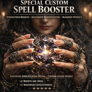 May include: An image featuring a woman holding a glowing crystal ball, with the text "SPECIAL CUSTOM SPELL BOOSTER." The woman's hands are adorned with ornate rings. The image also includes text that reads "STRENGTHEN RESULTS • ACCELERATE MANIFESTATION • MAXIMIZE POTENCY."