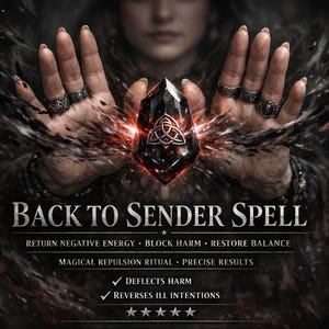 May include: A dramatic image of a black crystal radiating red light, held between hands wearing rings. The text "BACK TO SENDER SPELL" is visible, along with other text, suggesting a magical theme. The overall tone is dark and mysterious.