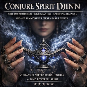 May include: An image featuring a silver genie lamp with blue glowing accents, held by hands adorned with rings. The text reads "CONJURE SPIRIT DJINN" with additional text about protection, wish granting, and spiritual alliance. Smoke-like effects surround the lamp.