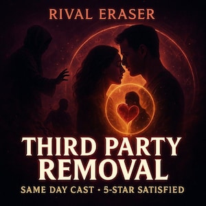 Pode incluir: Imagem de arte digital com um tema sombrio e místico. O texto "RIVAL ERASER" está no topo. Abaixo, as palavras "THIRD PARTY REMOVAL" são exibidas em destaque. A imagem apresenta silhuetas de pessoas e um coração brilhante.