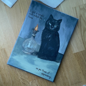 Mystical Black Cat Painting with Candle; Spiritual Witchy Wall Art;  Original Acrylic on Canvas Artwork