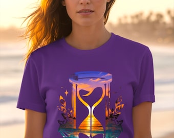 Camiseta con gráfico de reloj de arena y atardecer, arte natural, cuello en V o redondo, logotipo en la espalda, algodón