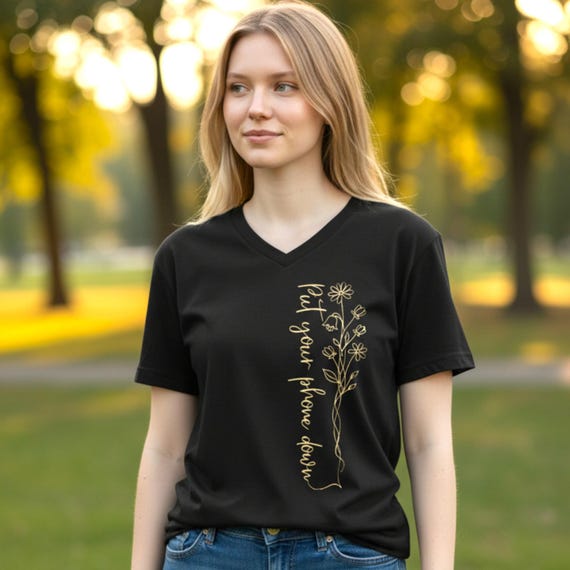 Wildflower Tee - Line Art V-Neck, Minimalist, Shirt for Nature Lovers