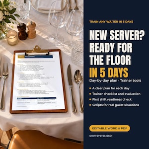 May include: A clipboard with a printed training document titled New Server? Ready for the Floor in 5 Days, featuring a day-by-day plan, trainer tools, checklists, and scripts. The document is editable in Word and PDF formats by SHIFTSYSTEMSCO.