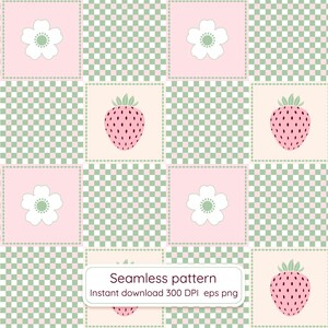 May include: Seamless pattern featuring a repeating design of pink strawberries and white flowers on a light pink and green checkered background. The text "Seamless pattern" is displayed in a white rectangle.