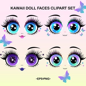 Kawaii Doll Faces Clipart Set — Cute Eyes & Face Elements PNG,  EPS for Stickers, Sublimation, Crafts. Digital Download. Commercial Use.