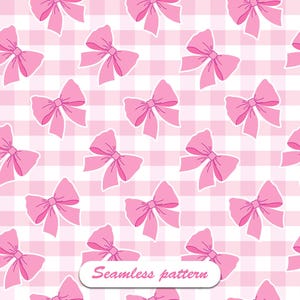 Puede incluir: Patrón sin costuras con lazos rosas sobre un fondo a cuadros rosa y blanco. Los lazos están espaciados uniformemente y tienen un contorno blanco. El texto "Seamless pattern" está en un óvalo blanco.