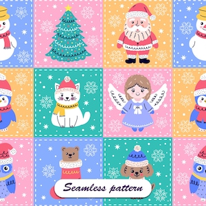 Könnte beinhalten: Ein farbenfrohes, nahtloses Weihnachtsmuster mit Schneemann, Weihnachtsbaum, Weihnachtsmann, Pinguin, Katze, Engel, Eule, Bär und Hund. Das Muster enthält Schneeflocken und den Text "Seamless pattern".