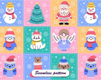 Christmas Patchwork Seamless Pattern | Quilting Style  Winter Characters. Digital Download For Crafts and Sublimation.