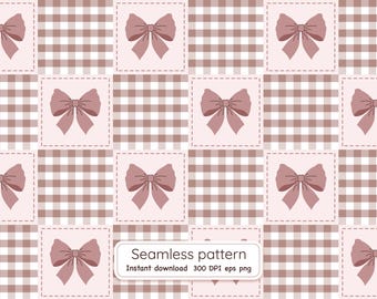 May include: A seamless pattern featuring a grid of alternating squares. One set of squares displays a brown and white gingham check, while the other set features a solid light pink background with a centered mauve bow. Text reads: Seamless pattern, Instant download 300 DPI eps png.
