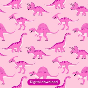 May include: A pink dinosaur pattern featuring various dinosaur species, including Triceratops, Parasaurolophus, Spinosaurus, and Brachiosaurus, on a light pink background. The words "Digital download" appear in a white box at the bottom.