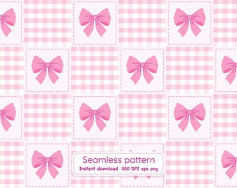 Pink Bow Gingham Seamless Pattern, Baby Girl Fabric Print, Coquette  Textile Design