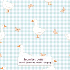 May include: Seamless pattern featuring white geese and peach butterflies on a light blue and white checkered background. The geese have orange beaks and feet. The text "Seamless pattern" is displayed in a white rectangle.