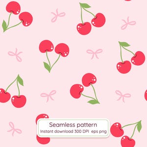 Patrón sin costuras de cereza y lazo rosa, impresión repetida de frutas, diseño de tela y superficie.