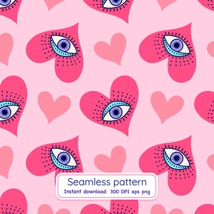 May include: Seamless pattern featuring repeating pink hearts with an eye design and smaller pink hearts on a light pink background. The eye design has a blue iris, white highlights, and black details. The text "Seamless pattern" is in a white rectangle.