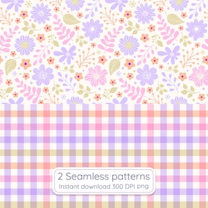 May include: Two seamless patterns. The top pattern features a floral design with purple, pink, and peach flowers, green leaves, and delicate stems on a cream background. The bottom pattern is a pastel plaid in shades of pink, peach, and purple.