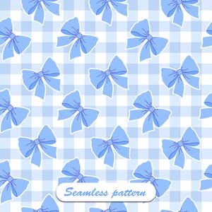 May include: A seamless pattern featuring light blue bows with white outlines, set against a light blue and white checkered background. The bows are evenly spaced and repeated across the image. The text "Seamless pattern" is displayed at the bottom.