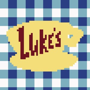 May include: A digital illustration featuring the text "Luke's" in maroon, set against a yellow shape, all on a blue and white checkered background. The design has a pixelated aesthetic.