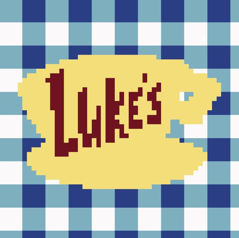 May include: A digital illustration featuring the text "Luke's" in maroon, set against a yellow shape, all on a blue and white checkered background. The design has a pixelated aesthetic.