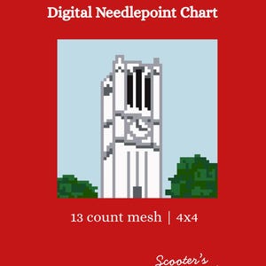 Può includere: Schema digitale per punto croce con la torre NC State Belltower in un design pixelato. L'immagine mostra la torre bianca contro un cielo azzurro, con cespugli verdi alla base. Il testo include "13 count mesh | 4x4" e "Scooter's Stitchery."