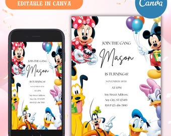 Plantilla de invitación de cumpleaños de Mickey Mouse: Diseño editable en Canva (descarga digital)