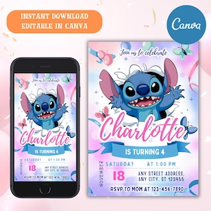 Stitch Birthday Invitation Editable Template, Canva Editable Birthday Invitation, Stitch Birthday Party Invitation, Invite Canva Template