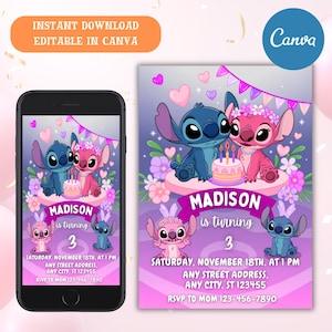 Stitch and Angel Birthday Invitation, Editable Stitch Birthday Invitation, Digital Party Invite, Stitch Birthday Party Invitation Printable