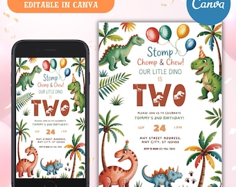 Editable Dinosaur Birthday Invitation, Canva Template (Digital Download)