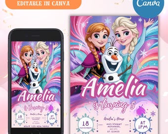 Frozen Birthday Invitation, Elsa Winter Party Editable Canva Template