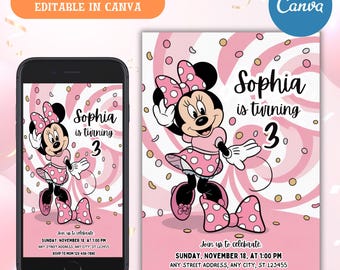 Minnie Mouse Birthday Invitation, Pink Watercolor (Digital Download)