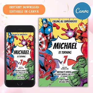 Può includere: Un invito digitale con i supereroi dei fumetti Capitan America, Iron Man, Spider-Man e Hulk. L'invito è per una festa di compleanno, con il nome "Michael" e il numero "7" in evidenza. È incluso anche il testo "Calling All Superheroes".