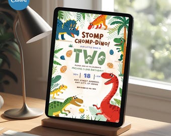 Dinosaur 2nd Birthday Invitation: Pastel Greenery, Stomp Chomp Chew (Digital Download)