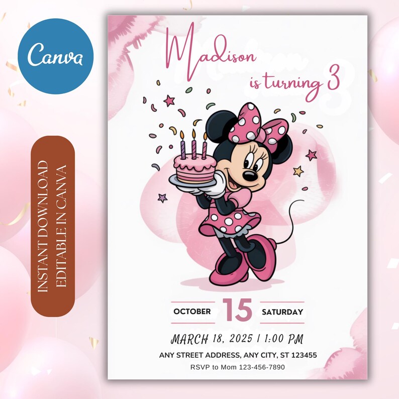 Editable Pink Minnie Mouse Birthday Invitation (printable) - Etsy