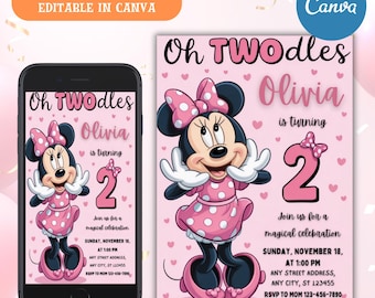 Minnie Mouse 2nd Birthday Invitation, Oh Twodles, Canva Editable (Digital Download)
