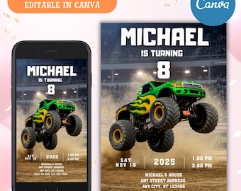 Watercolor Monster Truck Birthday Invitation, Boom Crash (Canva Template)