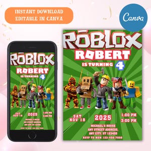 Roblox Invitation, Roblox Invite, Game Party, Roblox Boys Birthday Invitation Template, Game Birthday, Kids Roblox, Editable Template, Canva