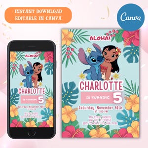 Stitch Birthday Invitation, Lilo Party Invite, Editable Canva Template (Digital Download)