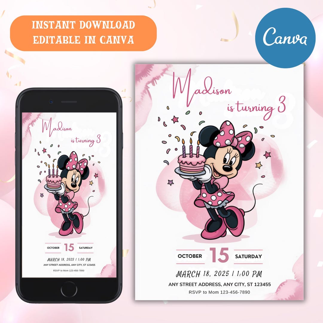 Editable Pink Minnie Mouse Birthday Invitation (printable) - Etsy
